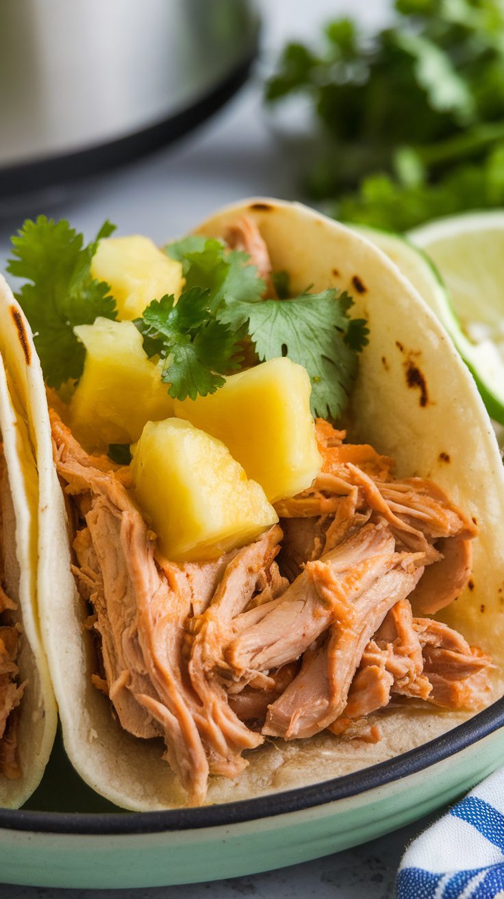 Crockpot Chicken Tacos with Pineapple topped with cilantro and pineapple chunks