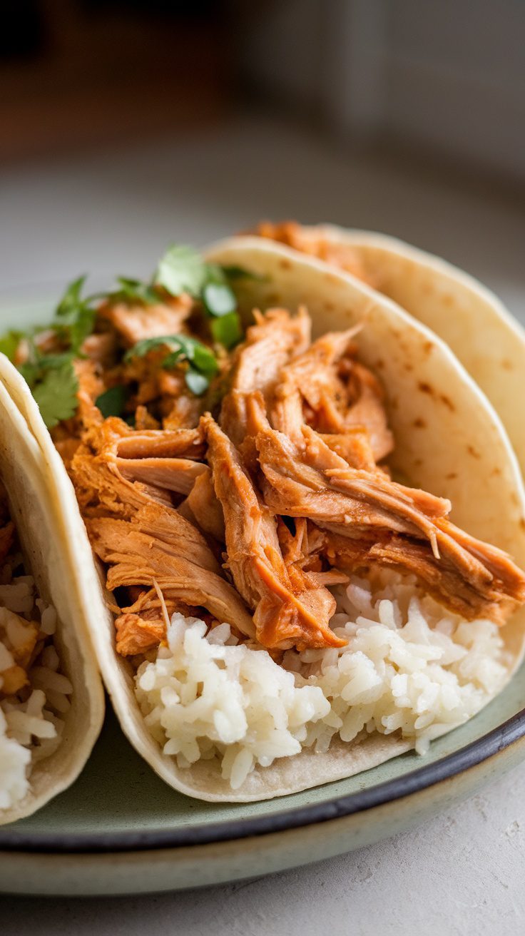 Crockpot chicken tacos with rice in soft tortillas, garnished with cilantro.