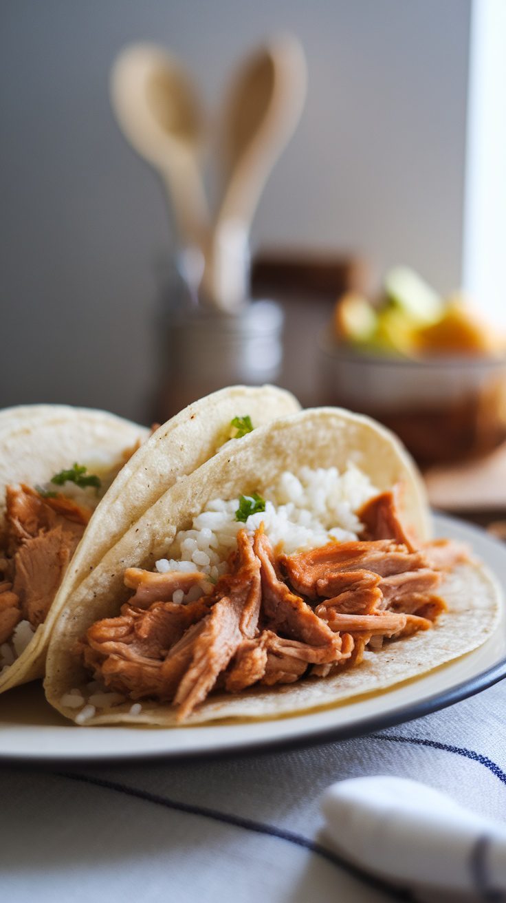 Crockpot chicken tacos with rice on a plate, garnished with herbs