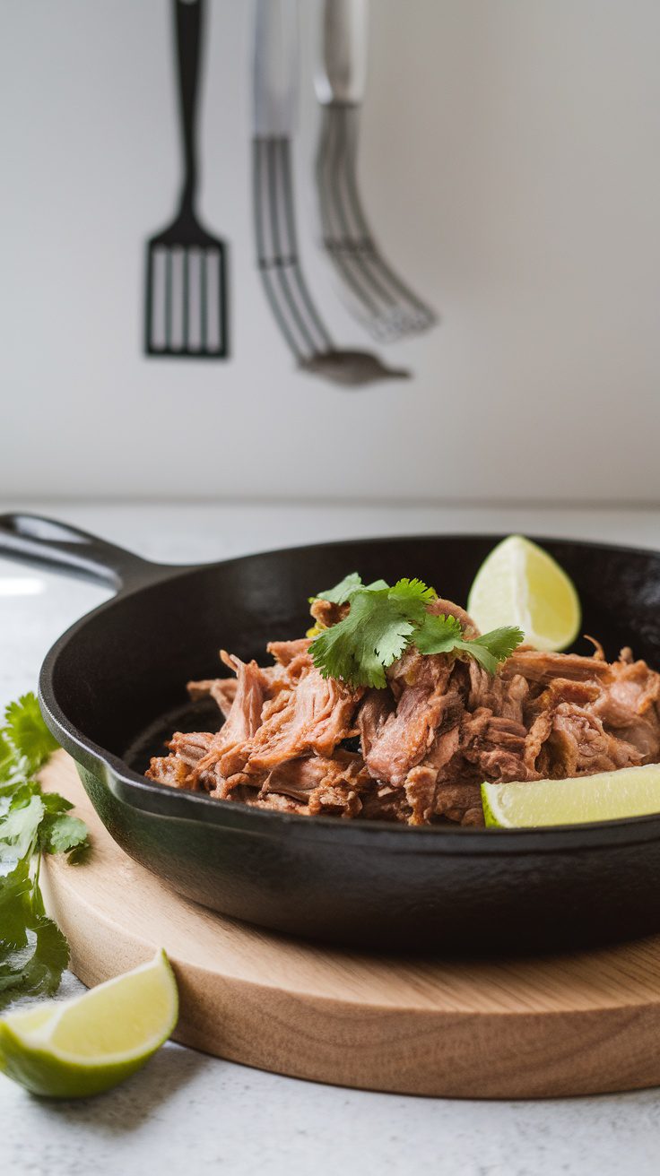 Delicious chipotle carnitas garnished with lime and cilantro in a cast iron skillet