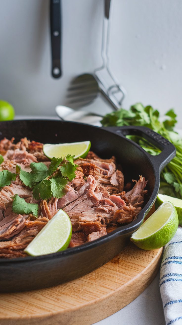 Crockpot Chipotle Carnitas with lime and cilantro in a cast iron skillet.