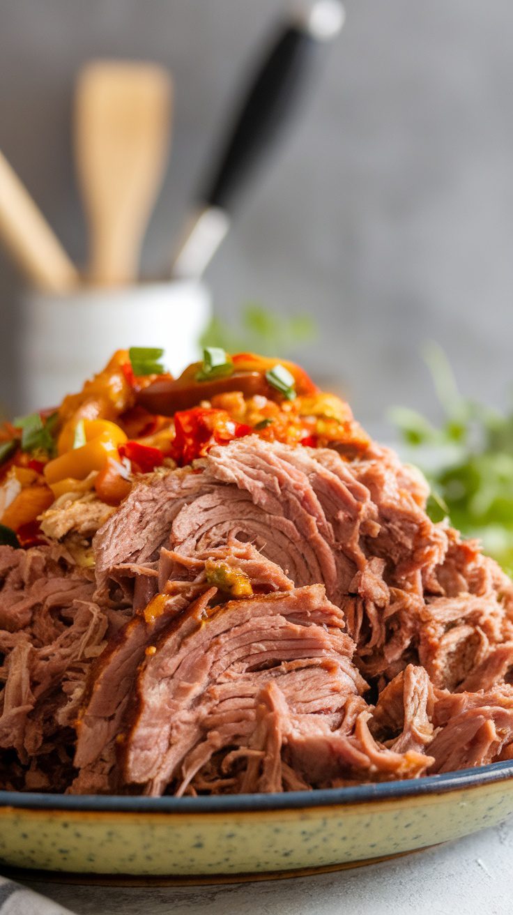 A plate of beautifully shredded crockpot chipotle carnitas topped with colorful peppers and herbs.