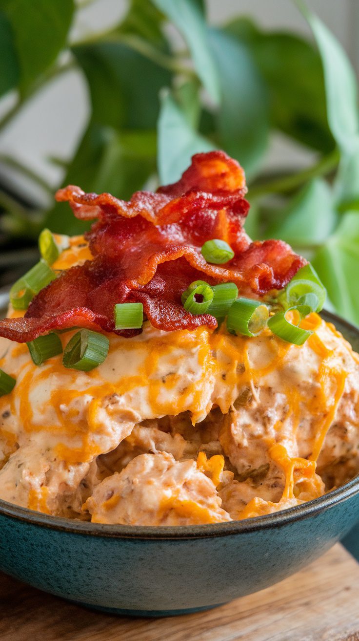 A bowl of Crockpot Crack Chicken topped with bacon and green onions.