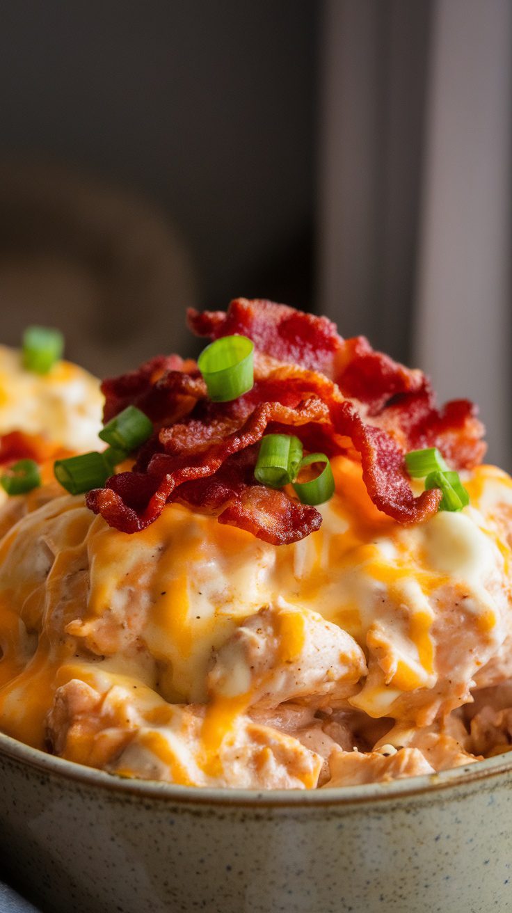 Creamy crockpot chicken topped with bacon and green onions