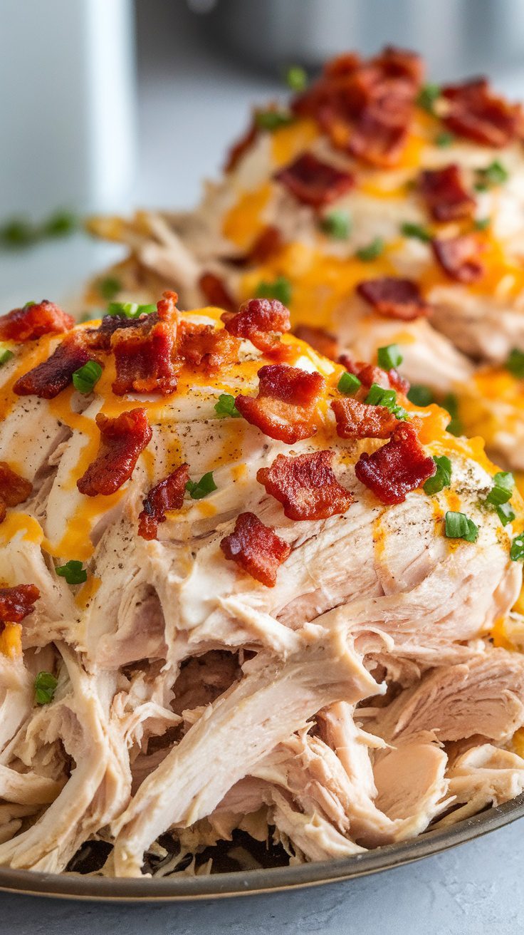 A close-up of shredded chicken topped with cheese and bacon in a crockpot dish.