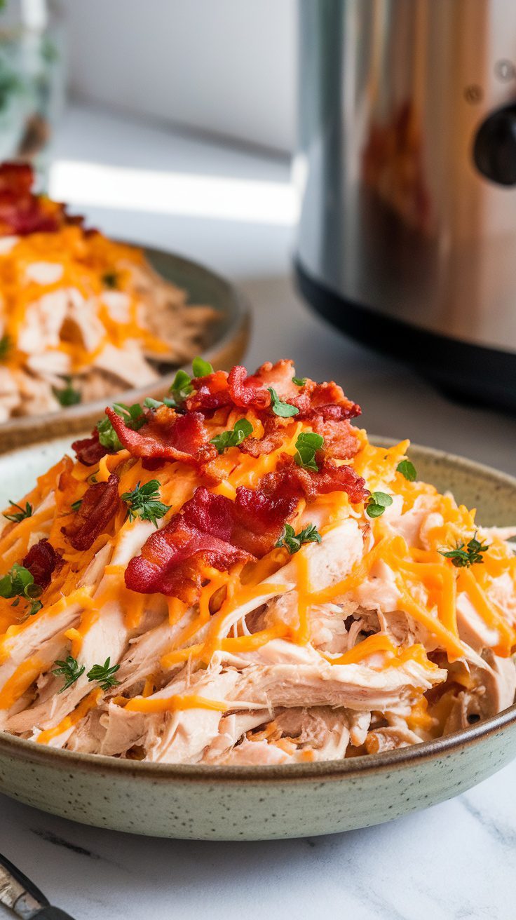 A delicious serving of Crockpot Crack Chicken topped with cheese and bacon.