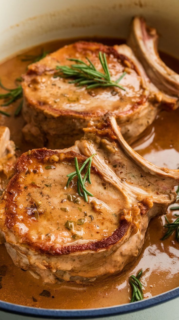 Creamy pork chops in a crockpot with herbs