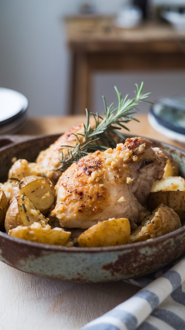 A delicious looking dish of garlic parmesan chicken with potatoes and rosemary.