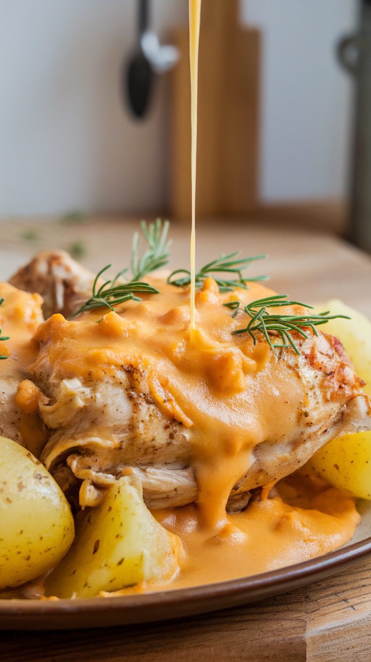 A close-up of garlic parmesan chicken with potatoes being drizzled with sauce.