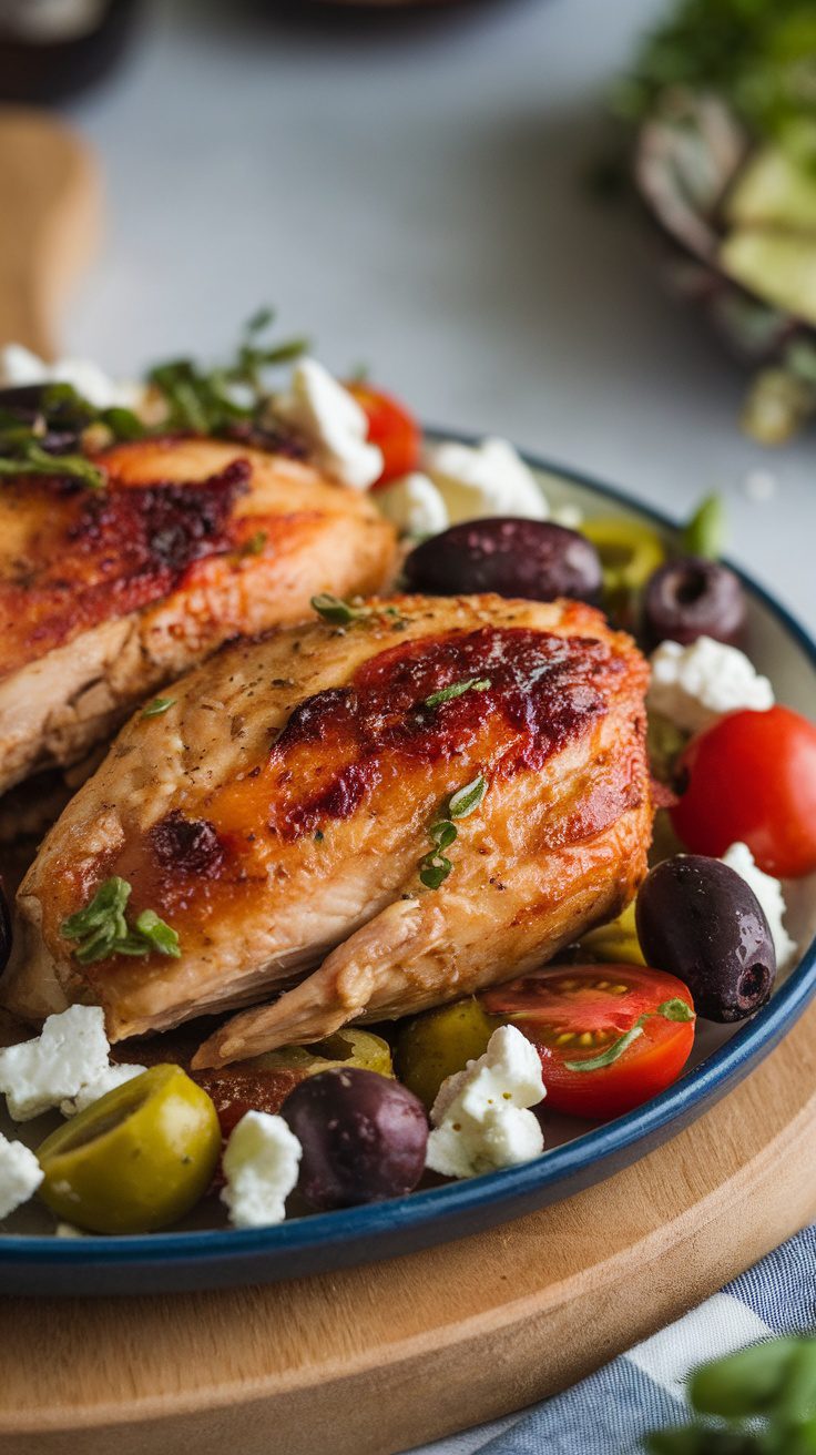 Crockpot Greek Chicken with olives, tomatoes, and feta on a plate