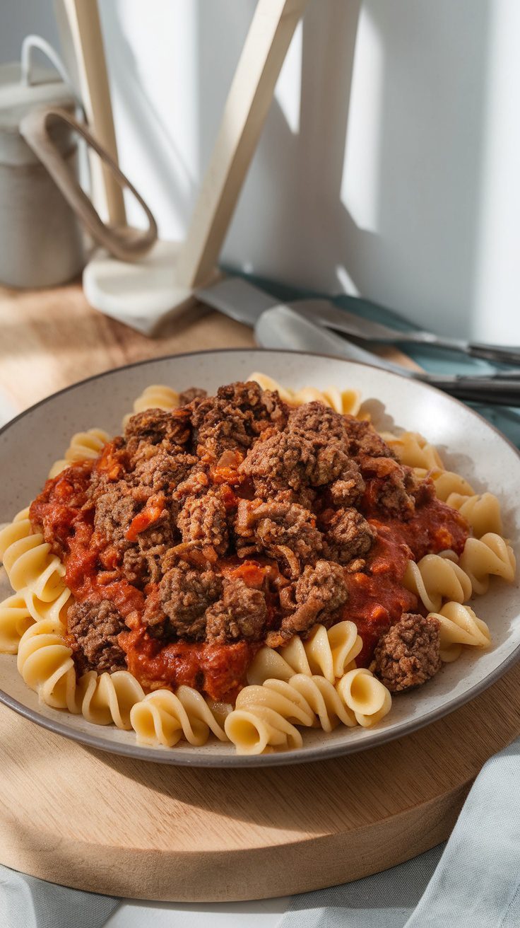 Plate of ground beef and pasta in a rich tomato sauce