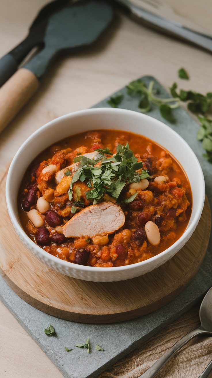 A bowl of ground turkey chili topped with herbs, sitting on a wooden board.