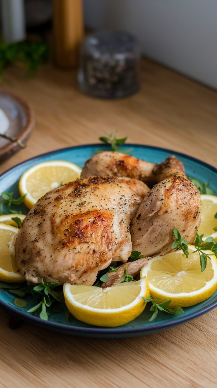 A plate of Lemon Pepper Chicken garnished with lemon slices and herbs.