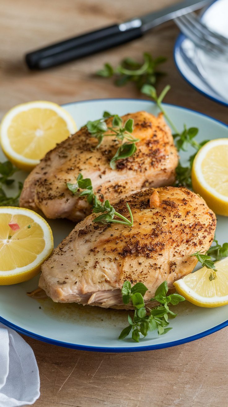 Crockpot Lemon Pepper Chicken served with lemon slices on a plate