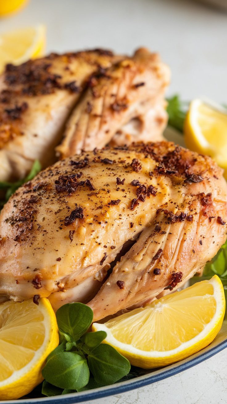 Delicious lemon pepper chicken served with lemon slices