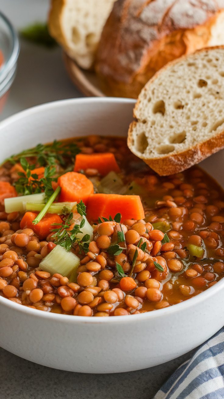 A bowl of colorful lentil soup served with bread.