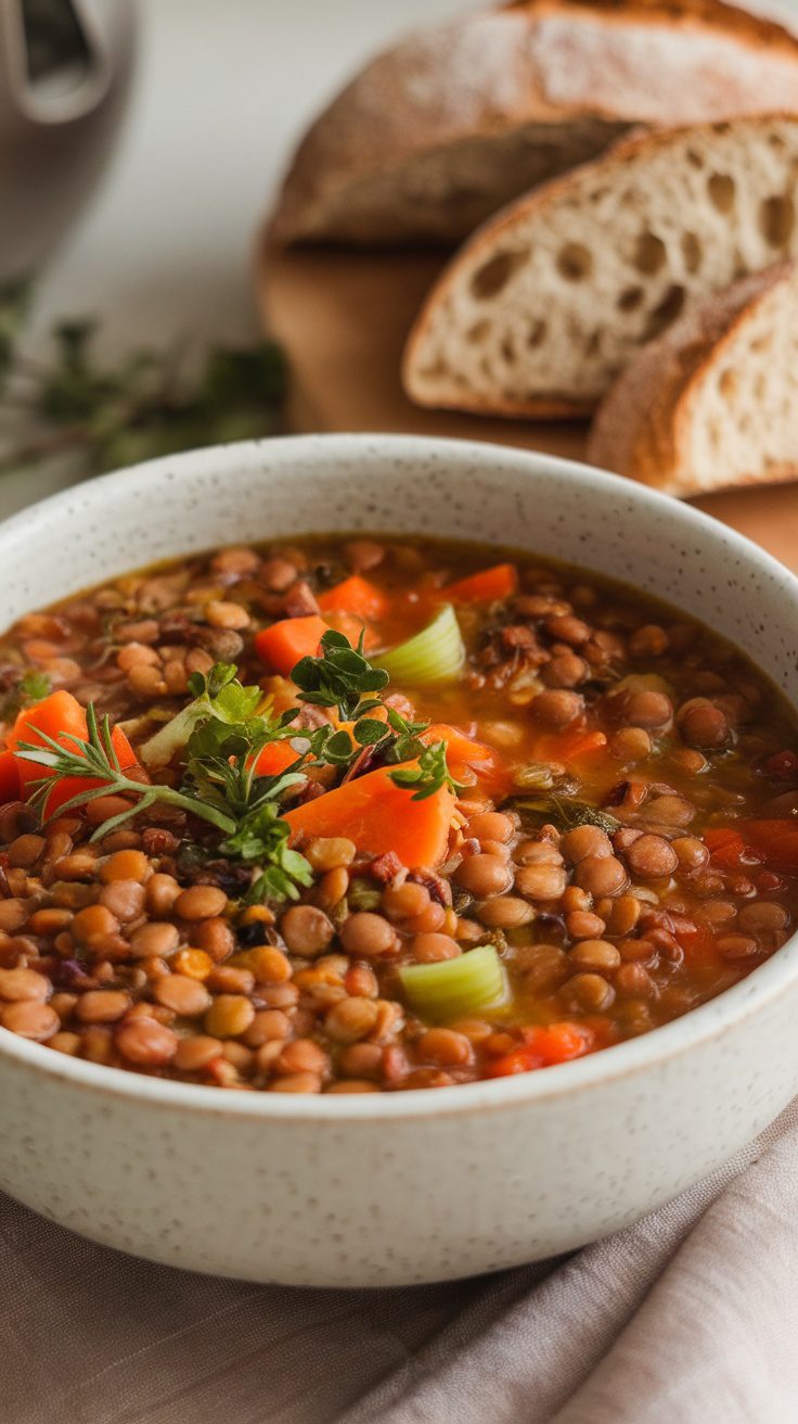 A cozy bowl of lentil soup with carrots and celery, set against a backdrop of fresh bread.