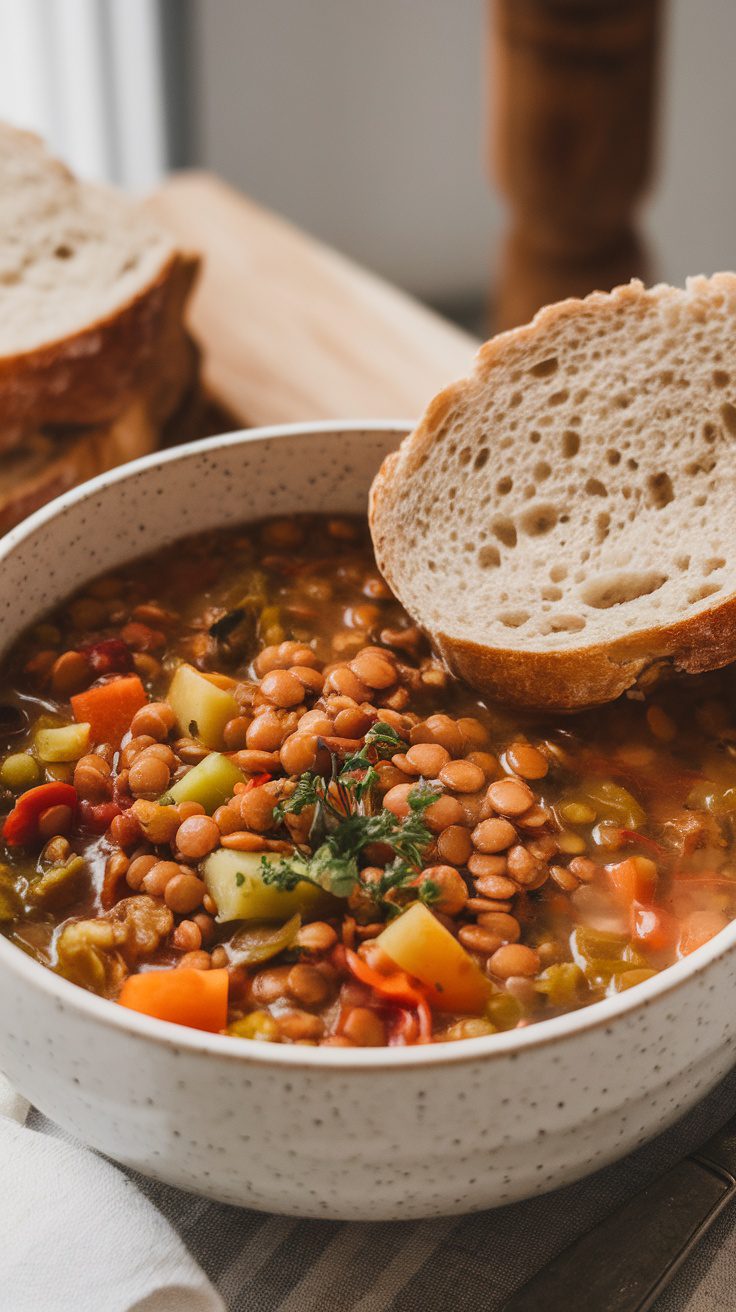 A bowl of hearty lentil soup with vegetables and a slice of bread on the side.