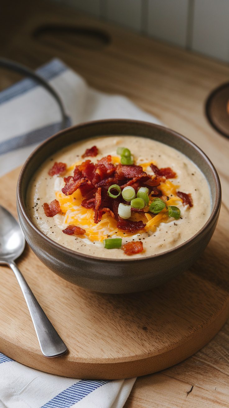 Bowl of loaded baked potato soup topped with cheese, bacon, and green onions