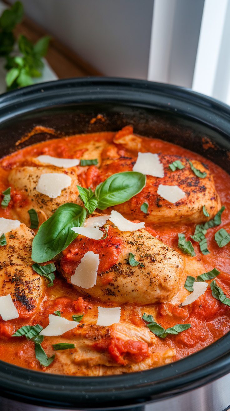 Crockpot Marry Me Chicken with basil and cheese on top