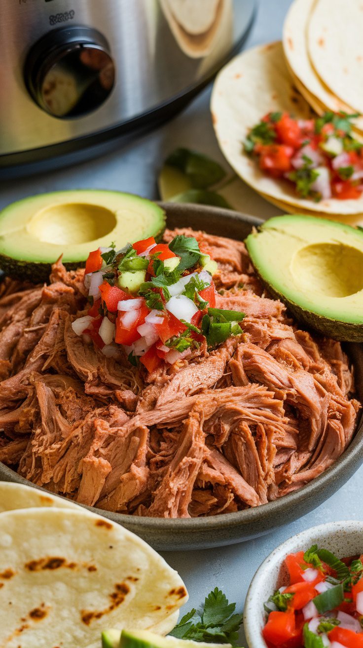 Delicious pulled pork with toppings and tortillas.