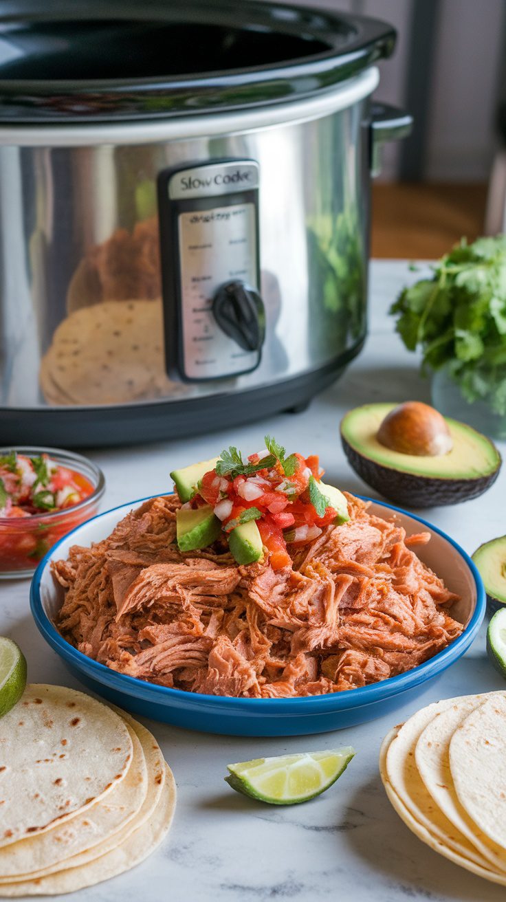 A delicious serving of shredded Mexican carnitas with toppings, served with tortillas and fresh ingredients