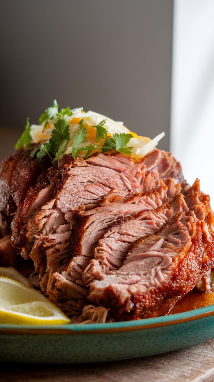 A plate of sliced Mexican carnitas pulled pork garnished with cilantro and lemon slices.