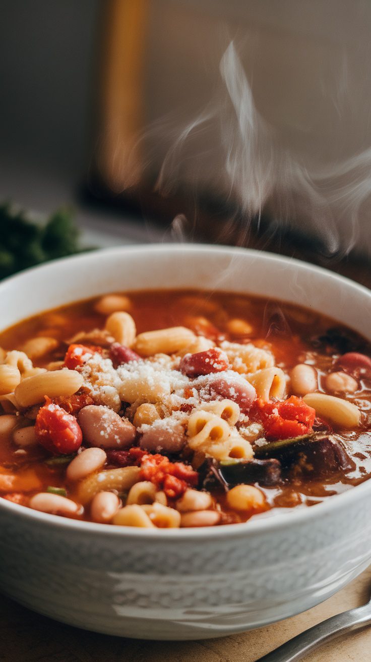 A bowl of steaming minestrone soup with beans and pasta.