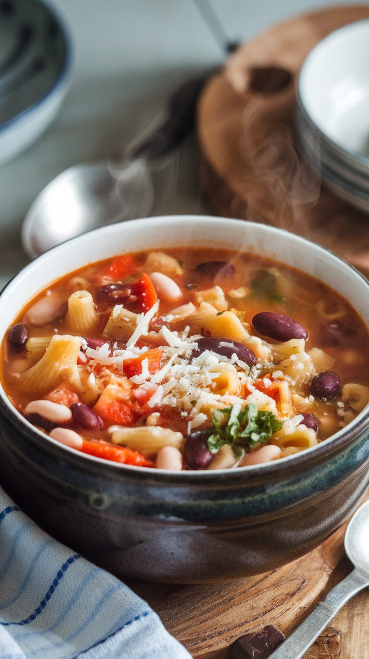 A bowl of steaming minestrone soup with pasta and vegetables.