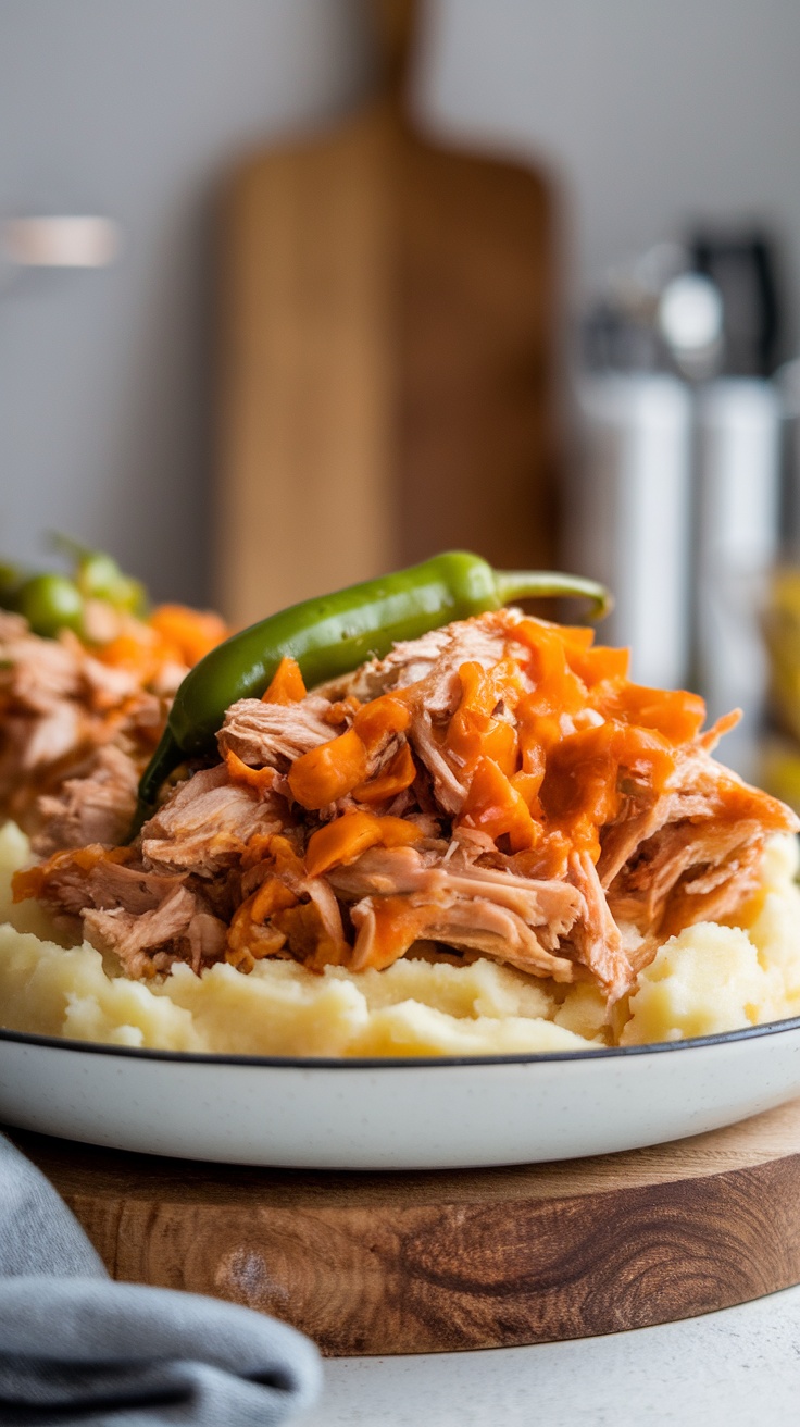 A plate of shredded Mississippi chicken served on mashed potatoes, garnished with green peppers.