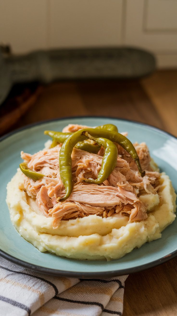 A plate of shredded Mississippi chicken served over mashed potatoes with green peppers.