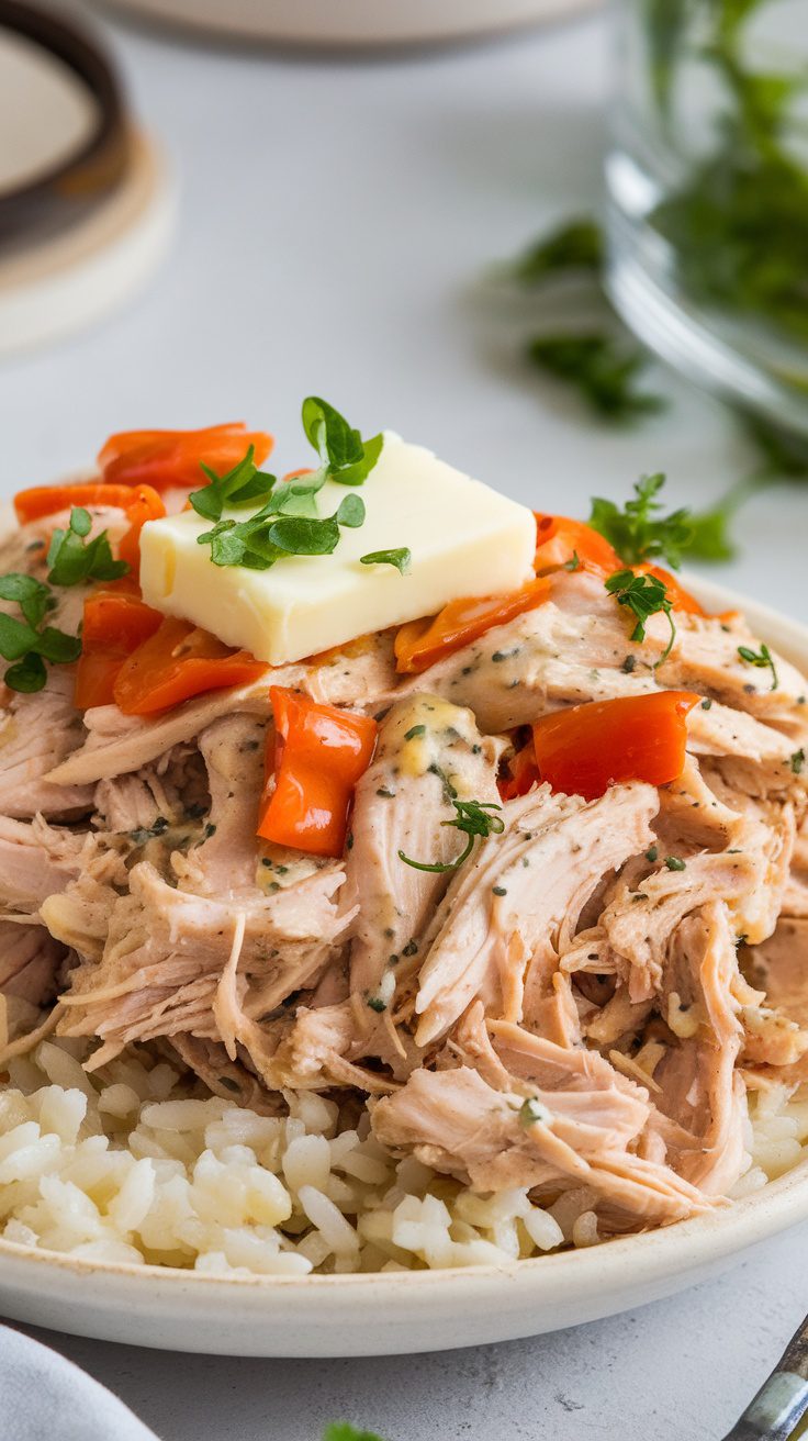 A plate of shredded Mississippi chicken topped with sliced peppers and butter, served over rice.