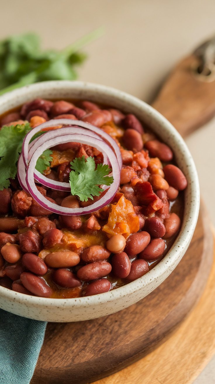 A bowl of pinto beans garnished with cilantro and red onion.