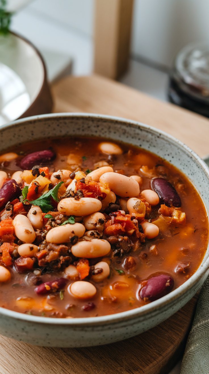 A bowl of delicious pinto bean soup topped with herbs.