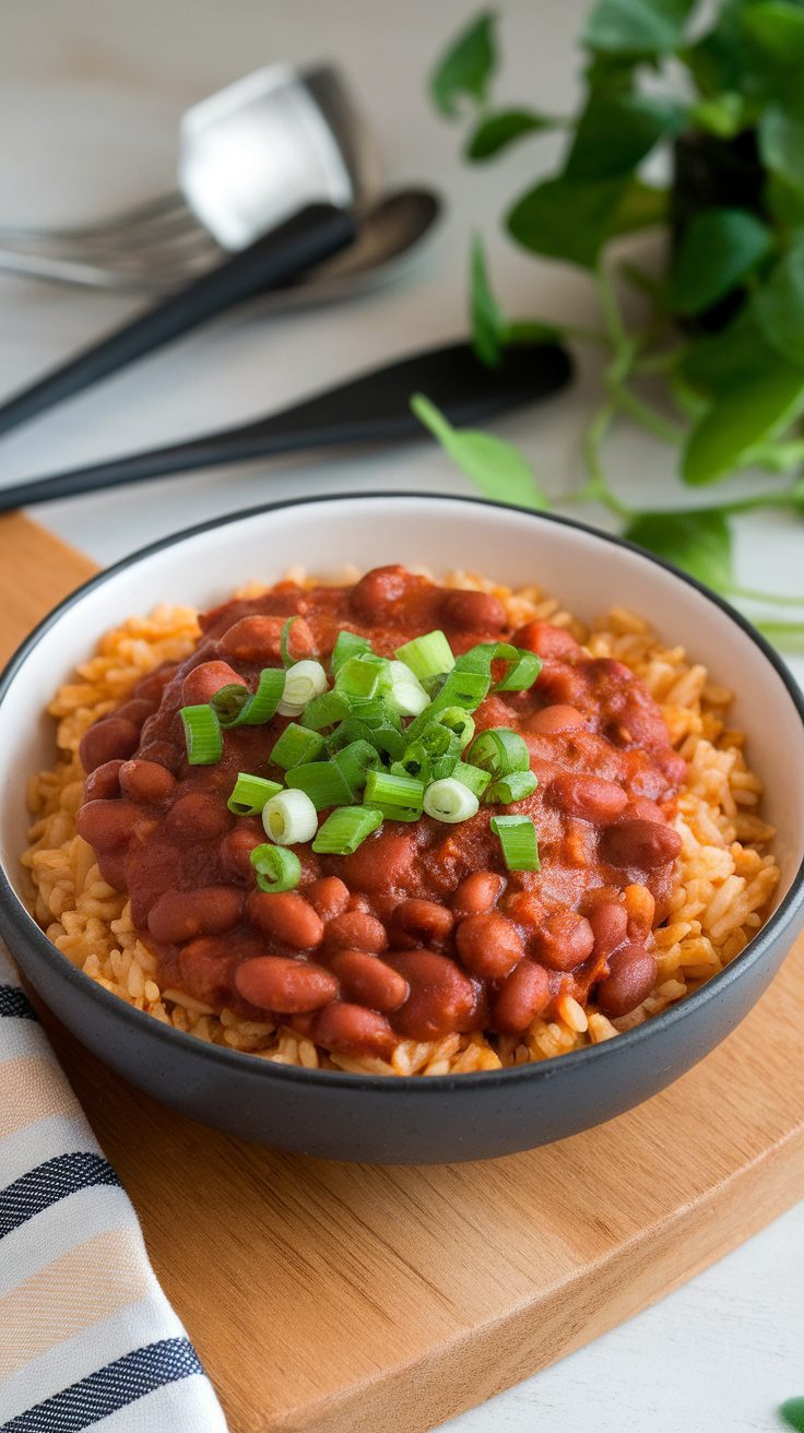 A bowl of pinto beans and rice topped with green onions.