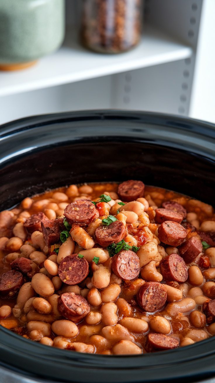 Crockpot pinto beans with sausage, featuring sausage slices on top of cooked beans in a black slow cooker.