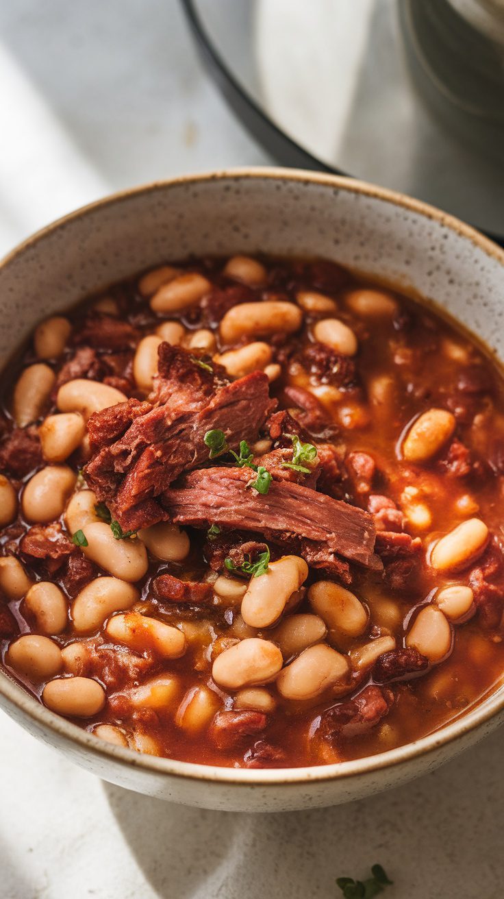 A bowl of pinto beans with smoked meat, garnished with herbs.