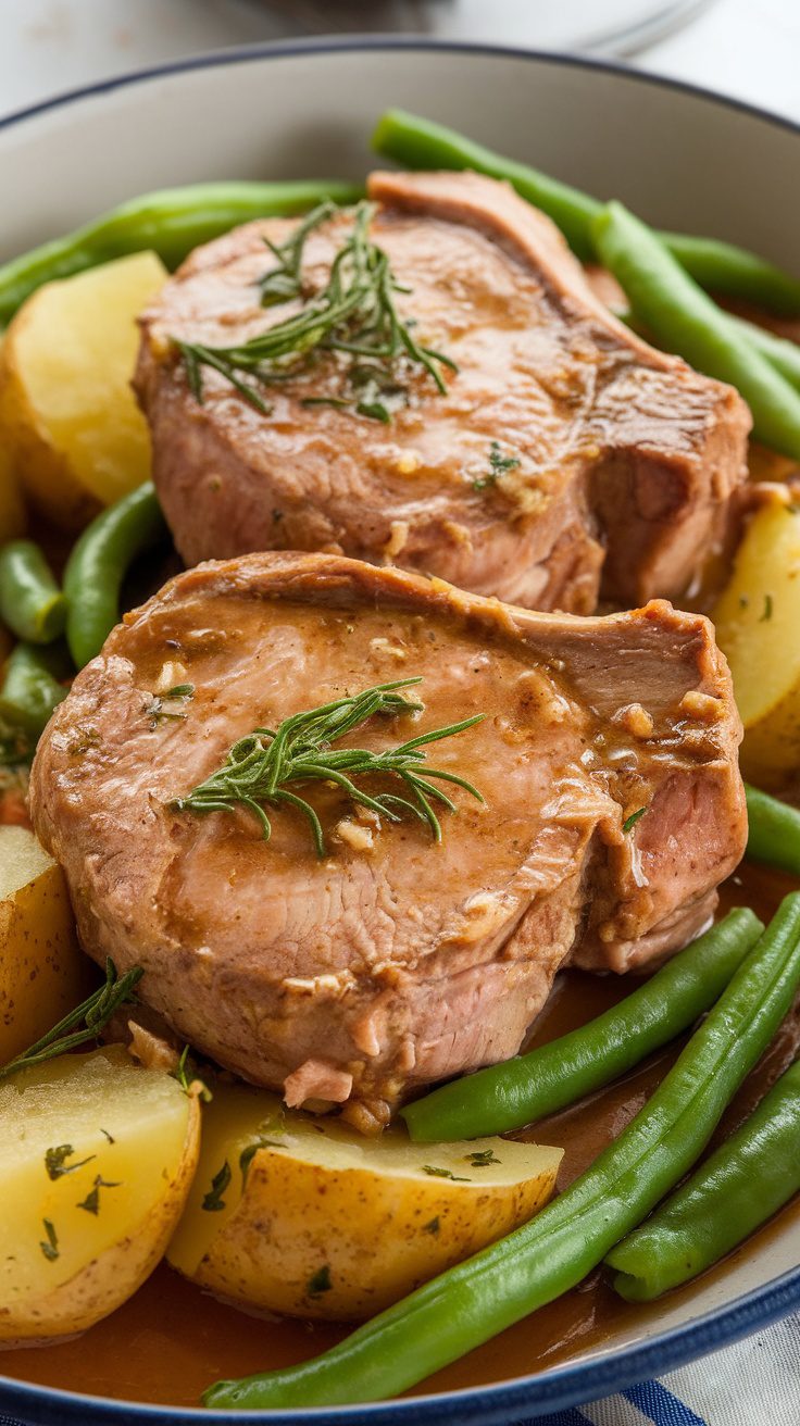 Crockpot pork chops with potatoes and green beans on a plate.