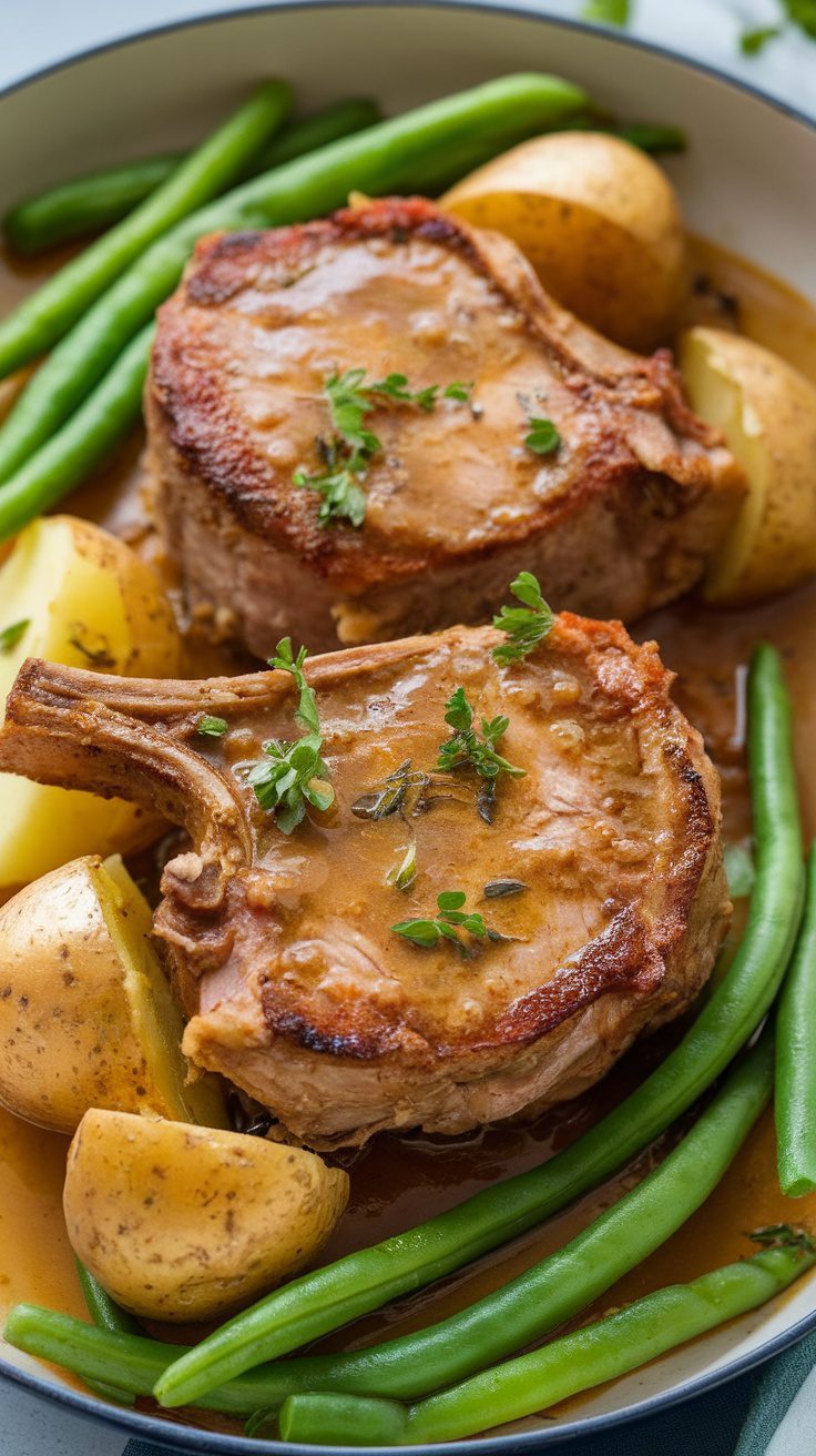 Crockpot pork chops with potatoes and green beans