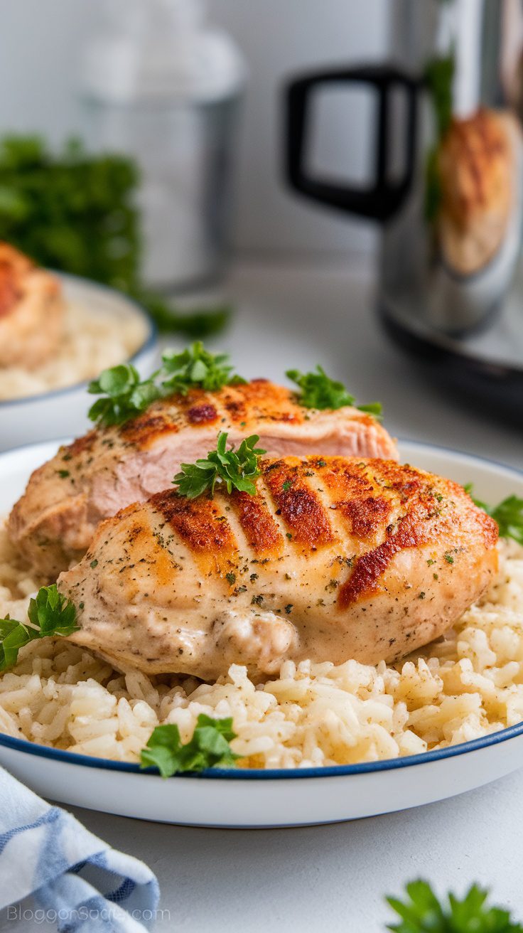 Crockpot Ranch Chicken with rice and garnished with parsley