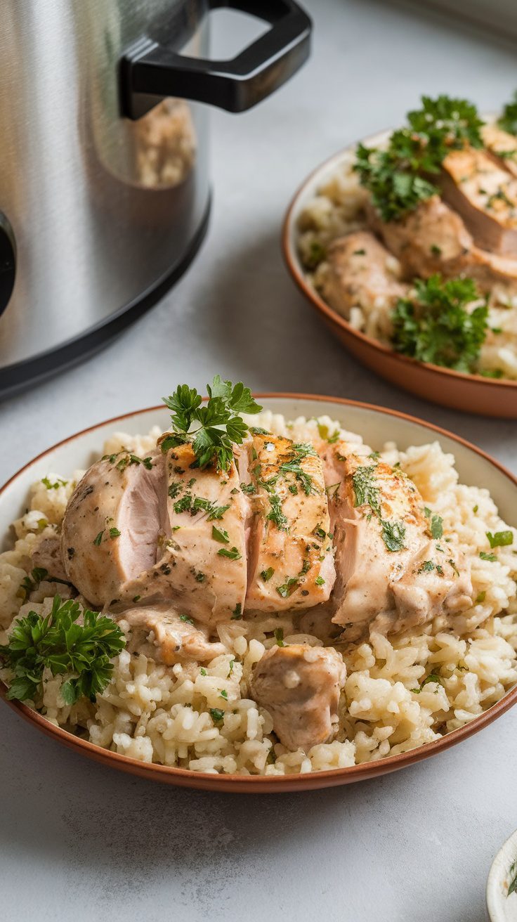 A serving of crockpot ranch chicken on rice with parsley garnish