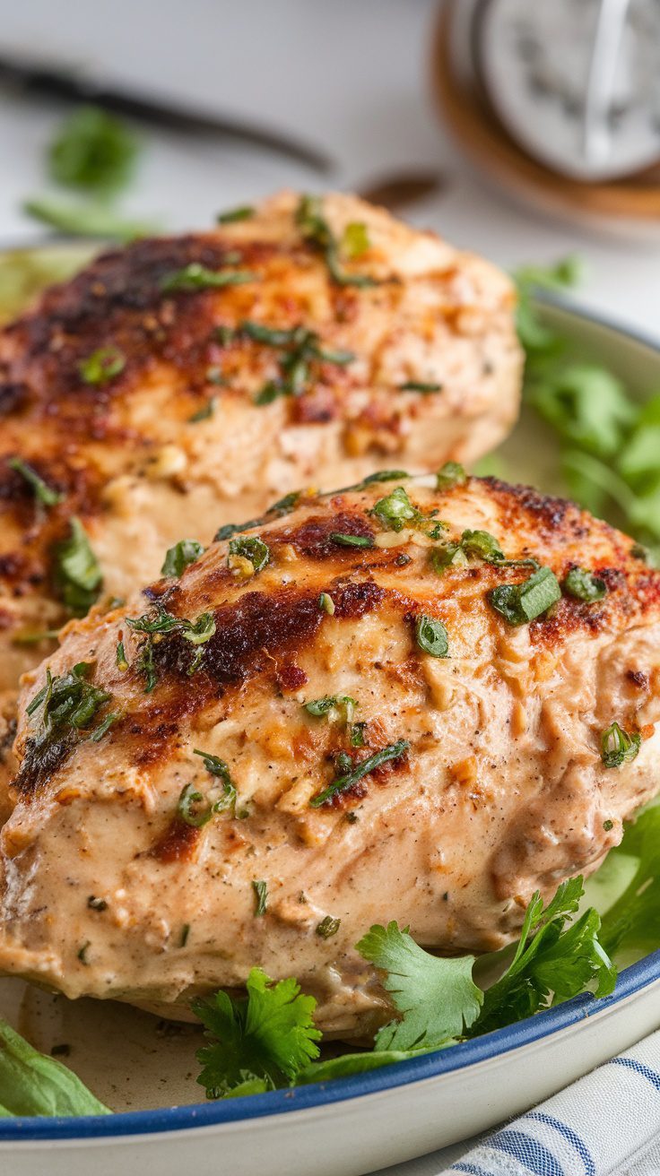 Plate of cooked ranch chicken garnished with herbs