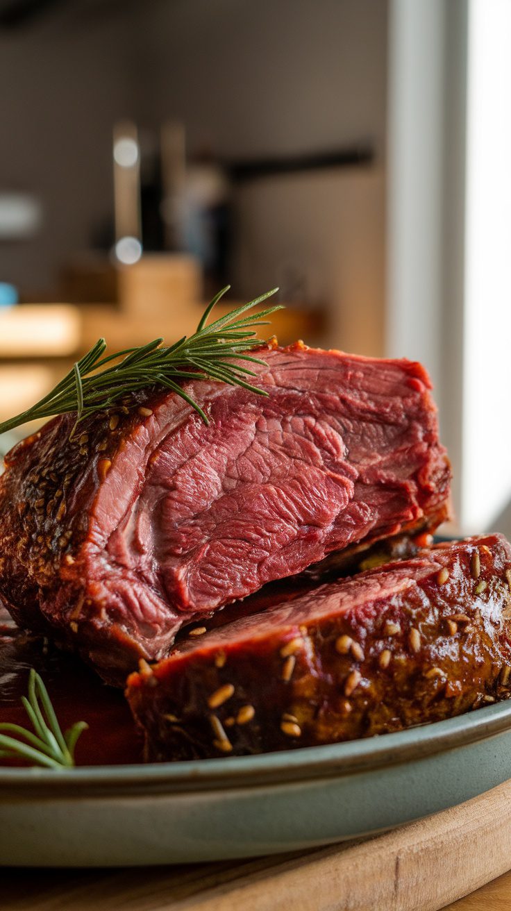 Close-up of red wine braised short ribs garnished with rosemary