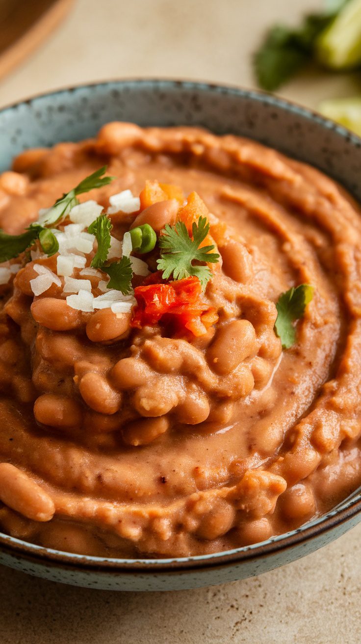 A bowl of creamy refried pinto beans garnished with cilantro and diced tomatoes.