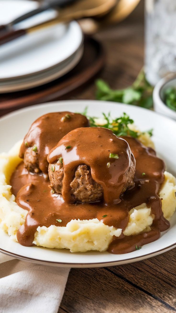 Plate of Salisbury steak meatballs with gravy on mashed potatoes.