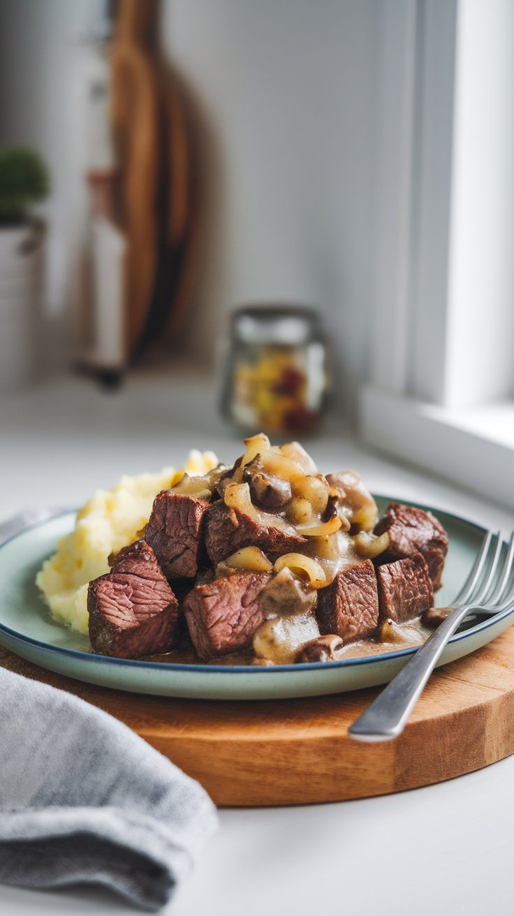 A plate of Crockpot Salisbury Steak with cubed steak and mashed potatoes.