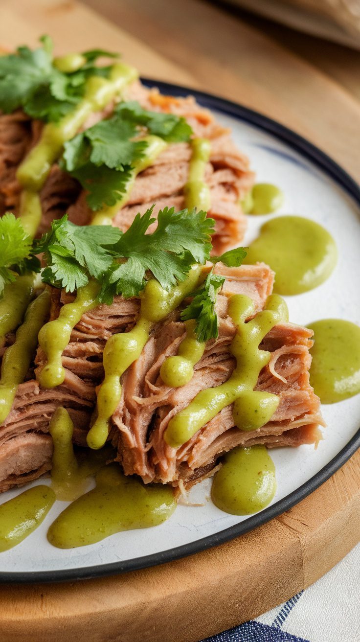 Crockpot Salsa Verde Carnitas with cilantro and sauce