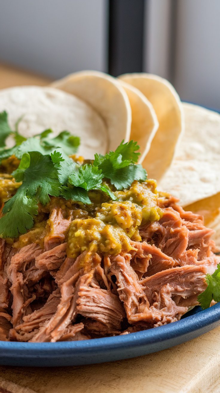 Plate of shredded pork carnitas with salsa verde and tortillas