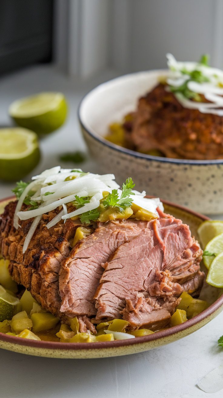 Delicious crockpot salsa verde carnitas served with lime and toppings