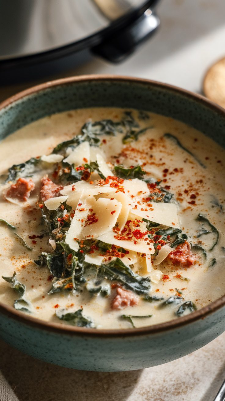 A bowl of creamy sausage kale soup with cheese on top